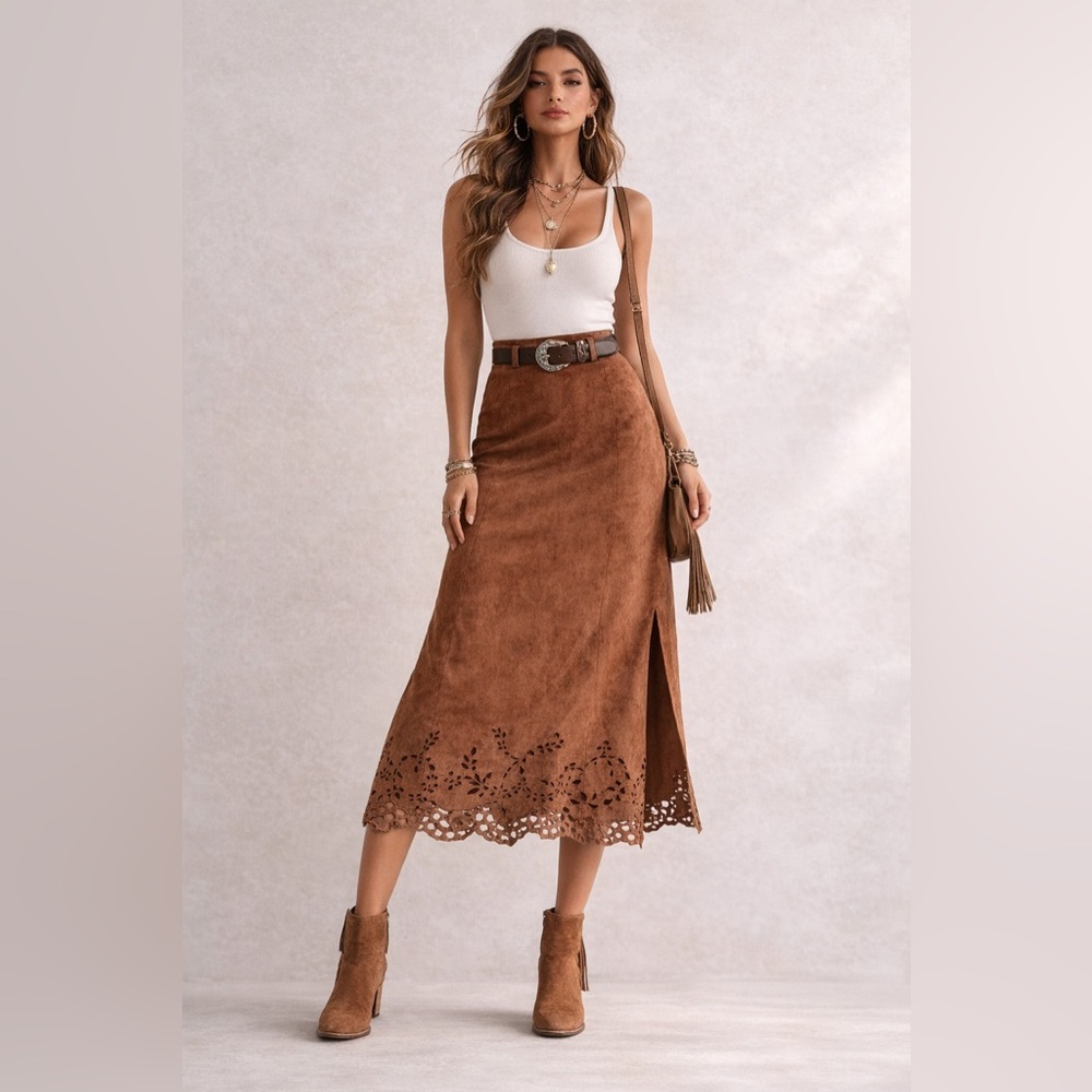 Vtg CASADEI Brown Suede Midi Skirt XL Boho Western Cottagecore Coastal Cowgirl